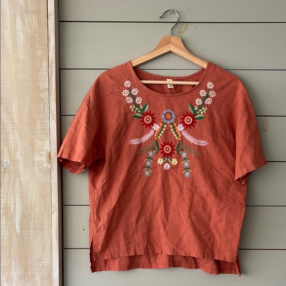 Vintage Tops - Rust Linen Boho Embroidered Blouse – Fits Like Medium